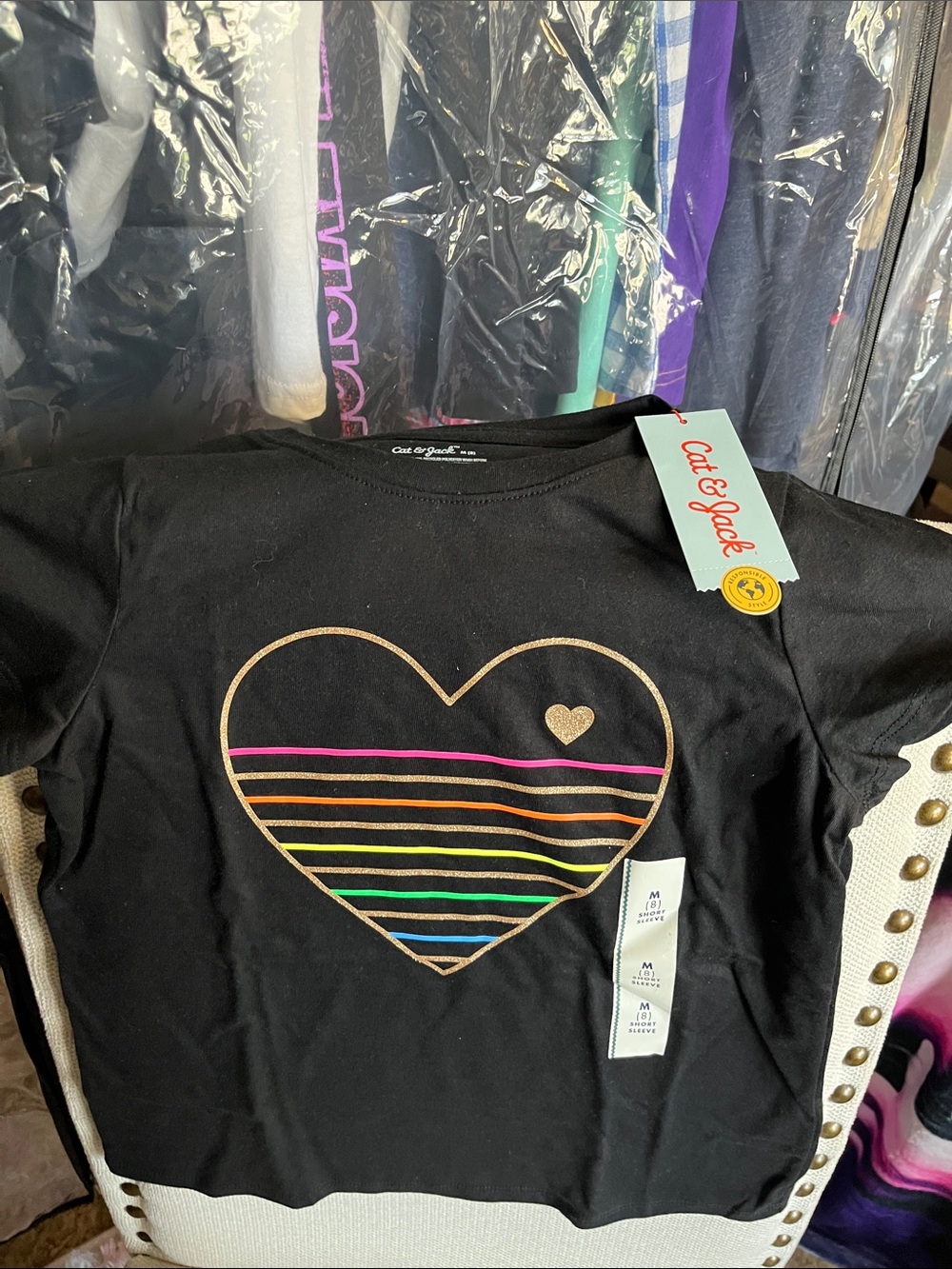 Cat & Jack Black Short-Sleeve Tee with Metallic Heart and Rainbow Stripes